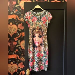 Vintage Y2K Midi Dress Floral Woman’s Face Animal Print Fitted XS/S Colorful